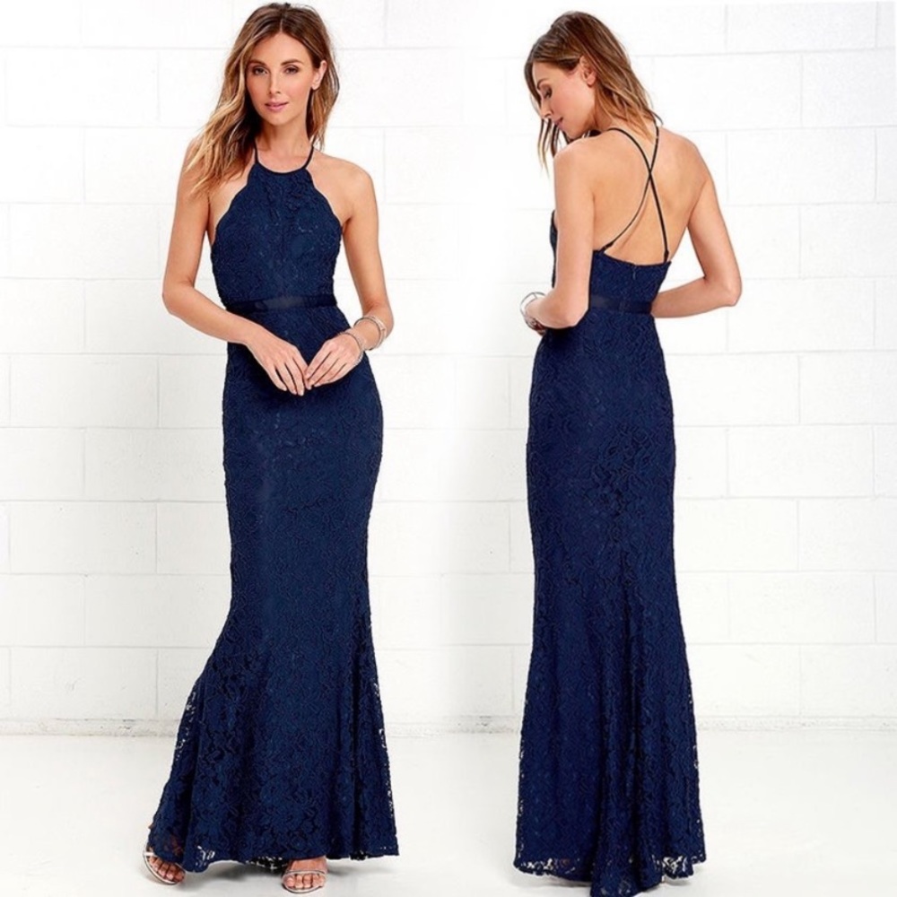 Lulu’s Zenith Navy Blue Lace Maxi Dress halter, cross straps mermaid silhouette